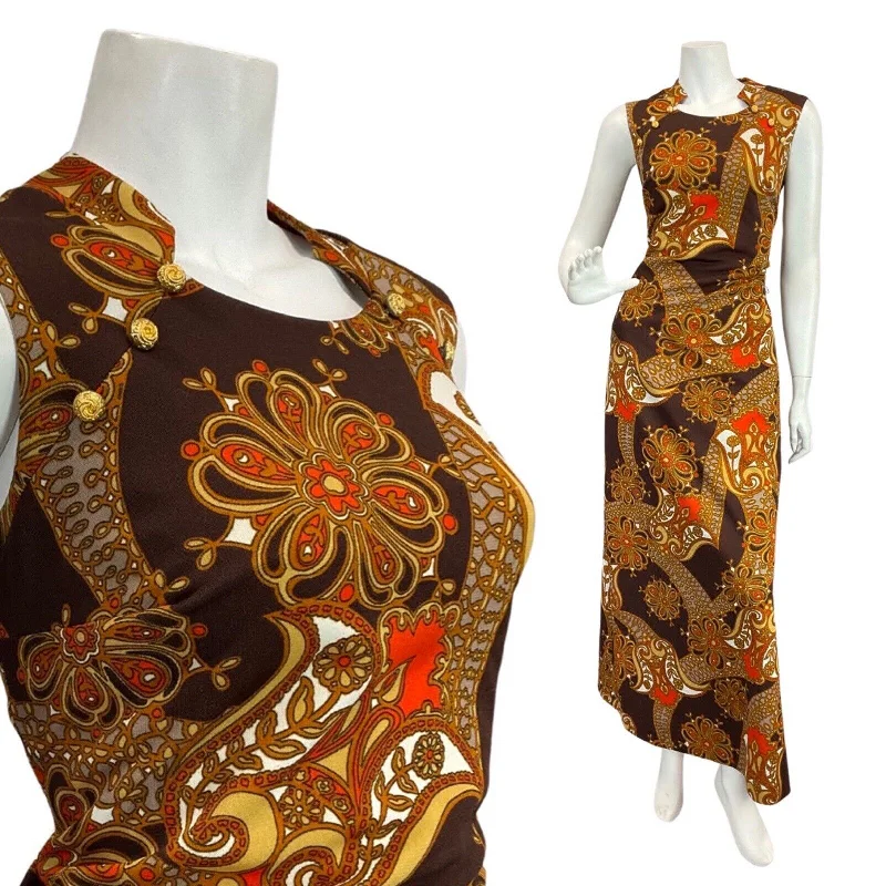 Buy Now VTG 60s 70s BROWN ORANGE EIGE PSYCHEDELIC FLORAL MOD SLEEVELESS MAXI DRESS 10 12