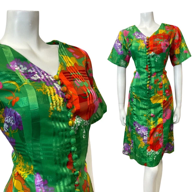 Epic Deals VINTAGE 60s 70s GREEN PURPLE RED FLORAL PLAID SHEER MOD DRESS 12 14
