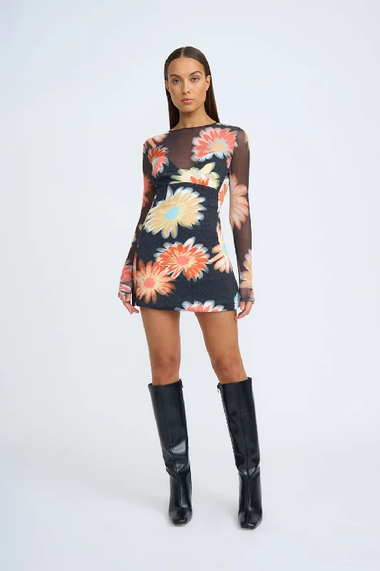 Midnight Sale Davina Daisy Mini Dress | Final Sale - Black Orange Multi