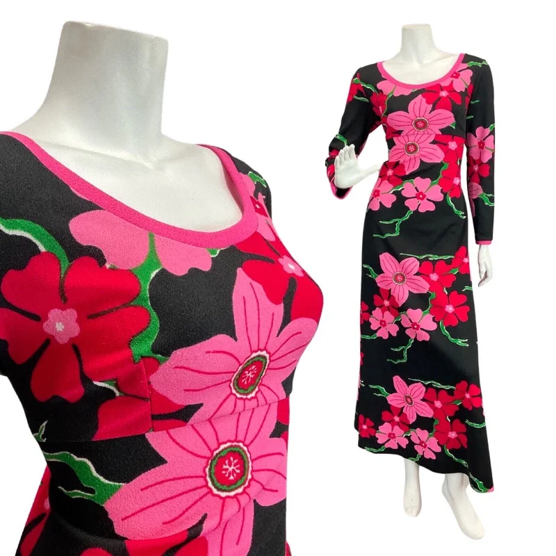 Flash Deals VINTAGE 60s 70s BLACK PINK GREEN FLORAL BLOSSOM MOD ALMEDAHL MAXI DRESS 12