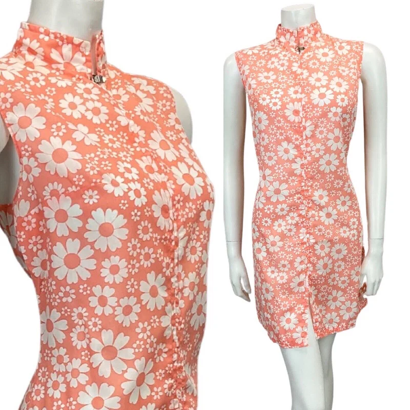 Special Promotion VINTAGE 60s 70s CORAL PINK WHITE PSYCHEDELIC FLOWER DAISY PRINT MINI DRESS 10 12
