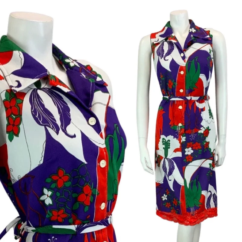 Act Now VINTAGE 60s 70s WHITE PURPLE RED  GREEN PSYCHEDELIC  FLORAL PRINT DRESS 14