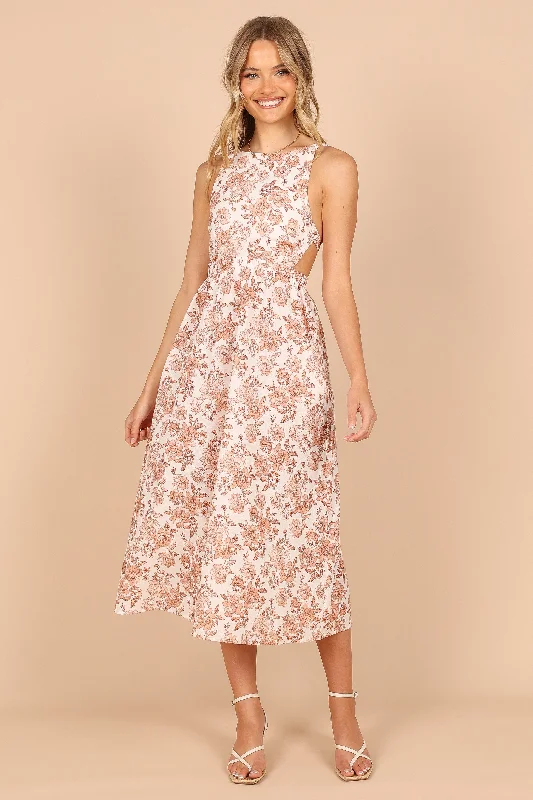 Epic Deals Aubrey Cutout Midi Dress - Tan Floral