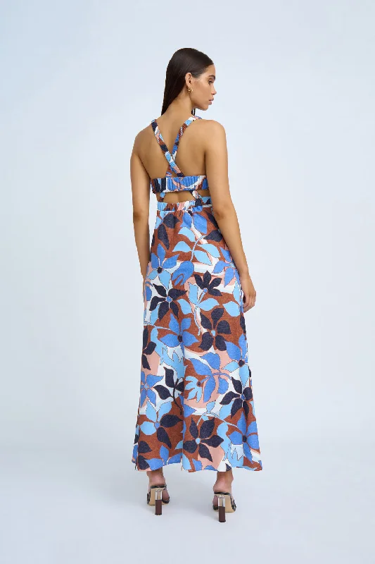 Year-End Sale Ophelia Floral Bias Midi Dress | Final Sale - Navy Tan Brown Ivory