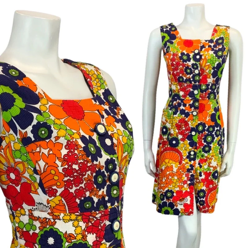 Exclusive Preview VTG 60s 70s ORANGE NAVY BLUE RED YELLOW PSYCHEDELIC FLOWER PRINT DRESS 10 12