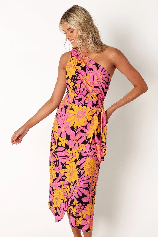 Final Markdown Clara One Shoulder Midi Dress - Black Floral