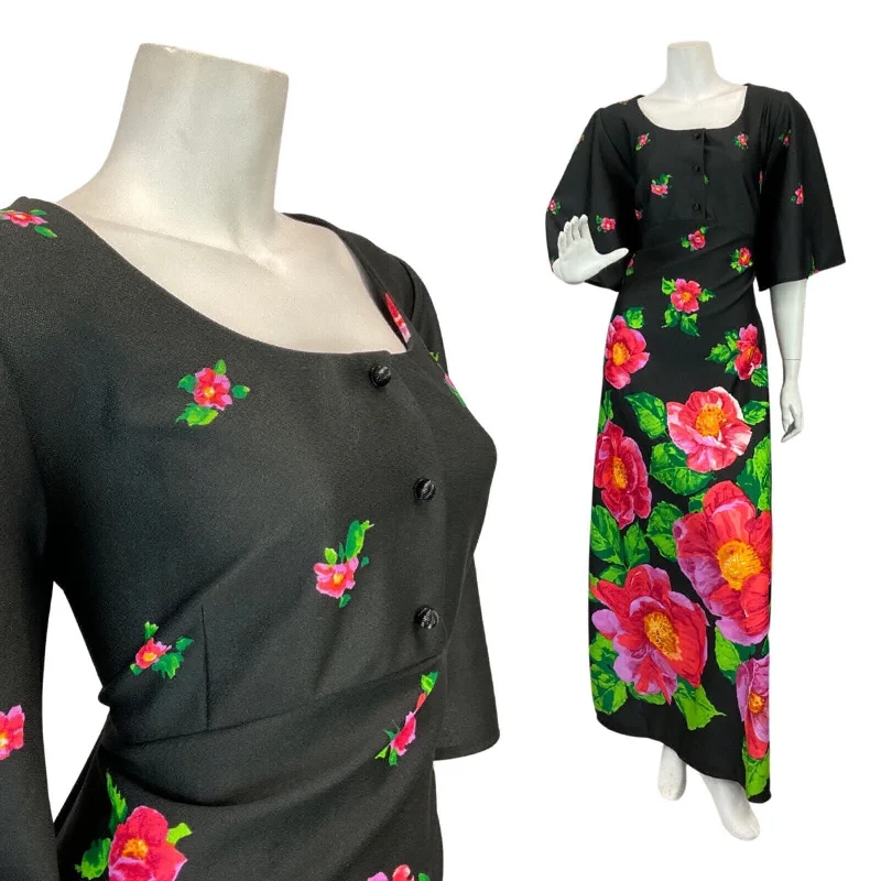 Price Fest VINTAGE 60s 70s BLACK PINK GREEN FLORAL GARDEN MOD BOHO MAXI DRESS 16