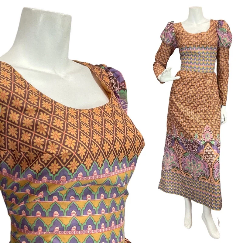 Price Drop VTG 60s 70s BROWN PURPLE GREEN PAISLEY FLORAL BOHO FOLK PRAIRIE MAXI DRESS 8 10