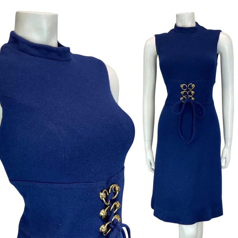 Exclusive Preview VINTAGE 60s 70s NAVY BLUE GOLD LACE-UP SLEEVELESS MOD KNEE-LENGTH WOOL DRESS