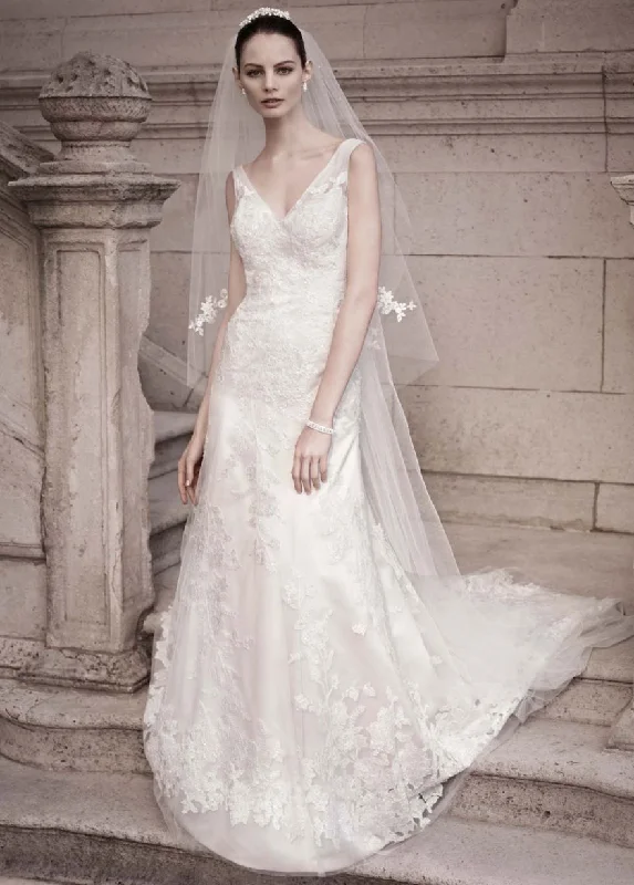Price Meltdown Oleg Cassini A-line Gown with Illusion Straps and Beaded Lace