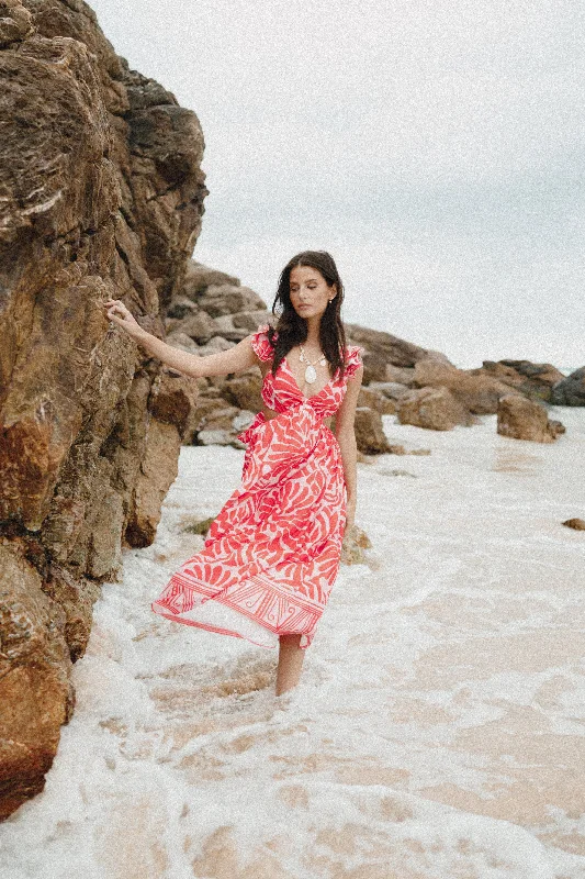 Great Deals Denali Midi Dress - Red Pink Print