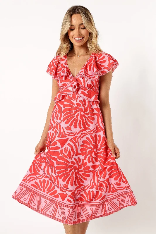 New Deals Harris Frill Sleeve Midi Dress - Red Pink
