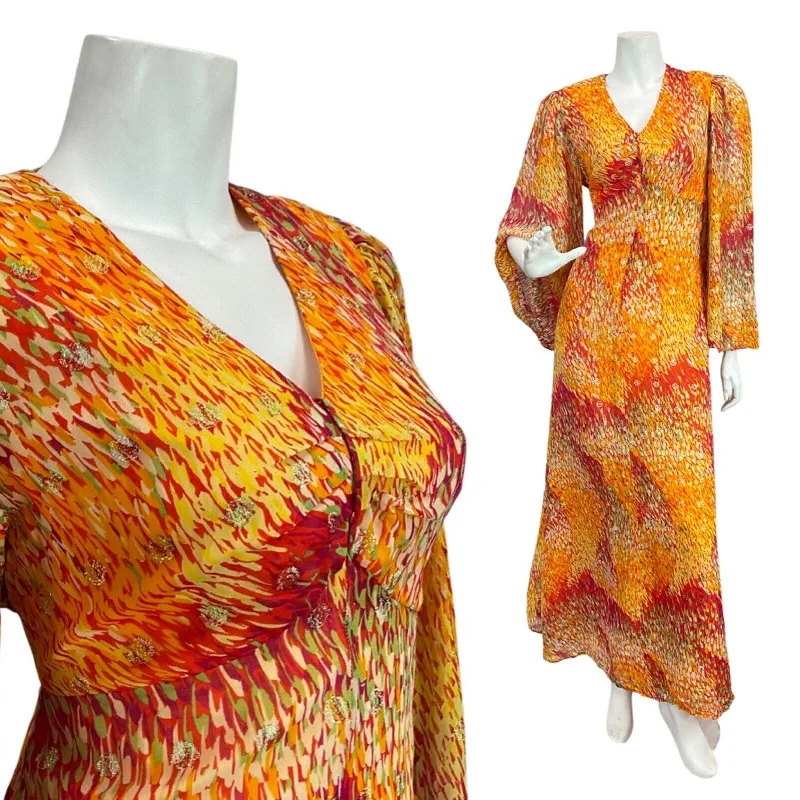Closeout Sale VINTAGE 60s 70s ORANGE GOLD RED PSYCHEDELIC DASH ANGEL SLEEVE MAXI DRESS 10