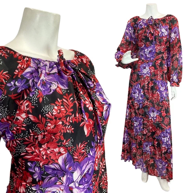 Exclusive Savings VINTAGE 60s 70s RED PURPLE BLACK PSYCHEDELIC FLORAL PLEATED BOHO MAXI DRESS 16