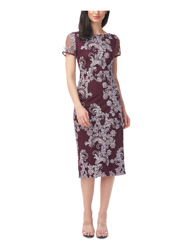 Online Only JS COLLECTION Womens Embroidered Short Sleeve Boat Neck Below The Knee Evening Sheath Dress