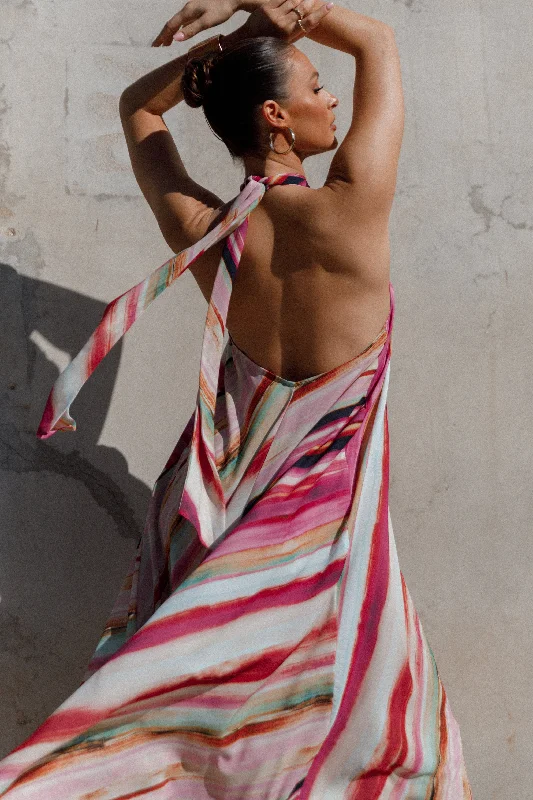 Amazing Deals Antonijia Halterneck Maxi Dress - Berry Stripe