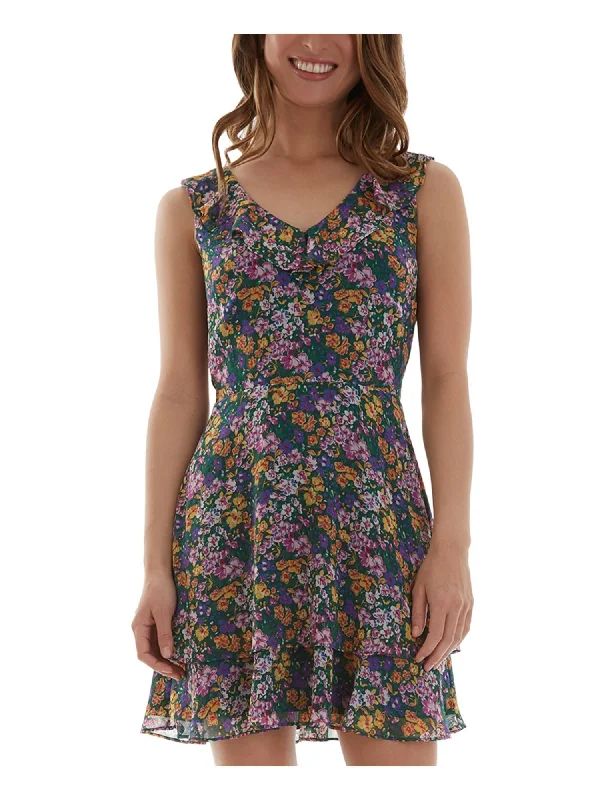 YEAR-End Clearance BCX DRESS Womens Ruffled Floral Sleeveless V Neck Short Evening Fit + Flare Dress