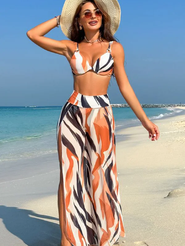 Women's 3 Piece Tropical Print Bikini with Cover Up Pants