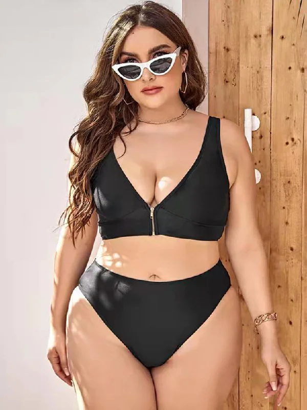 Women's Sexy Deep V Zipper Push Up High Waist Bikini Swimsuit