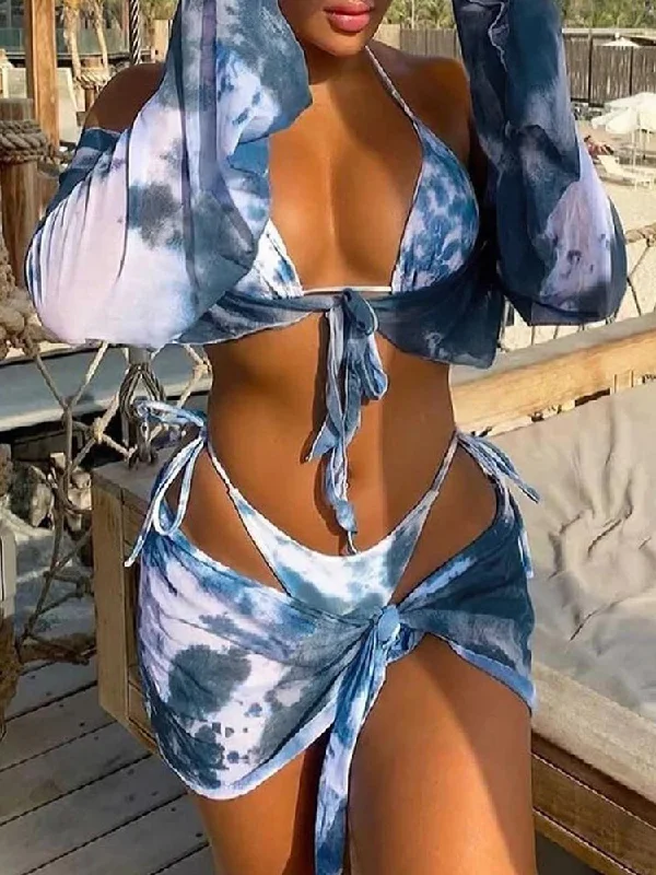 Women's Tie Dye Blue Print V Wire Four Piece Swimwear Bikini Set